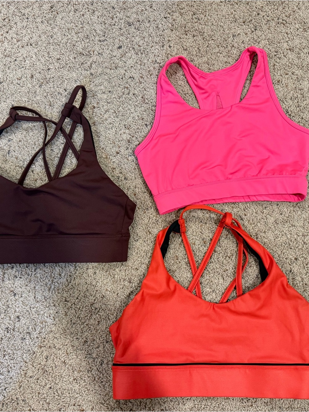 ZYIA Trio: Hot Pink, Red-Orange & Dark Brown Sports Bras